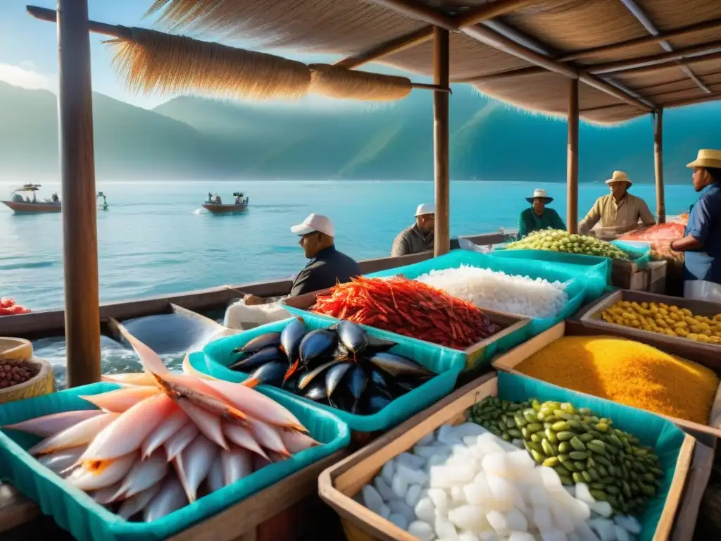 Escena vibrante de mercado de pescado en Perú con pescado fresco y pescadores locales