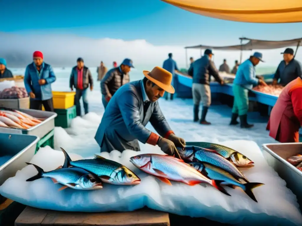 Escena vibrante de un mercado de pescado en Perú, con pescadores, barcos y mariscos frescos