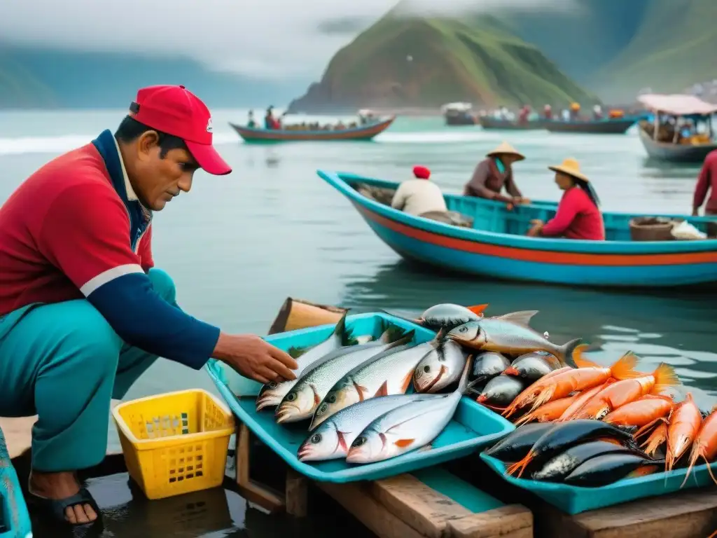 Escena vibrante de mercado pesquero peruano con pescadores y mariscos frescos, reflejando la historia del ceviche peruano