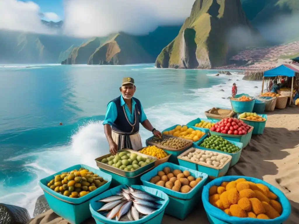 Escena vibrante de mercado pesquero peruano con pescadores y vendedores en atuendos coloridos, exhibiendo comida local