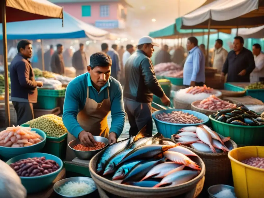 Escena vibrante en mercado pesquero peruano al amanecer, con pescadores descargando capturas