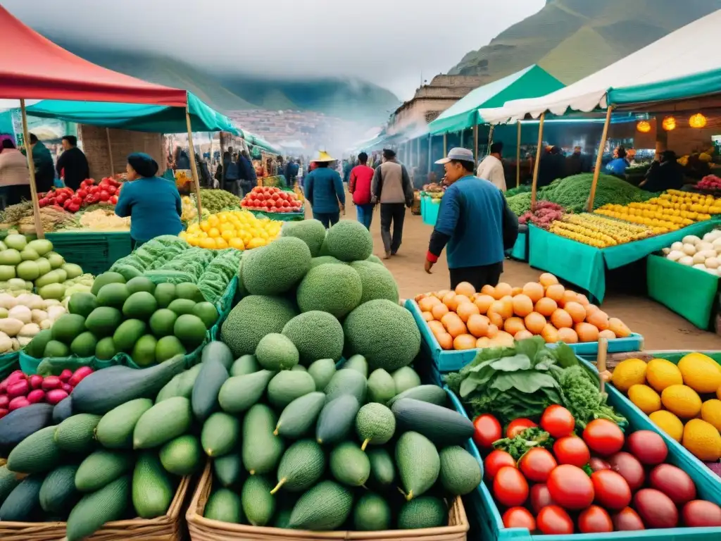 Una escena vibrante de un mercado en Lima, Perú, con productos locales y vendedores sonrientes