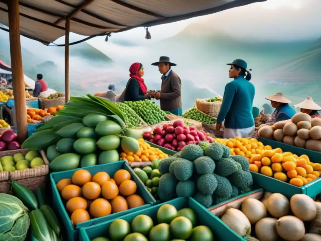 Escena vibrante de mercado de productos orgánicos en la gastronomía peruana