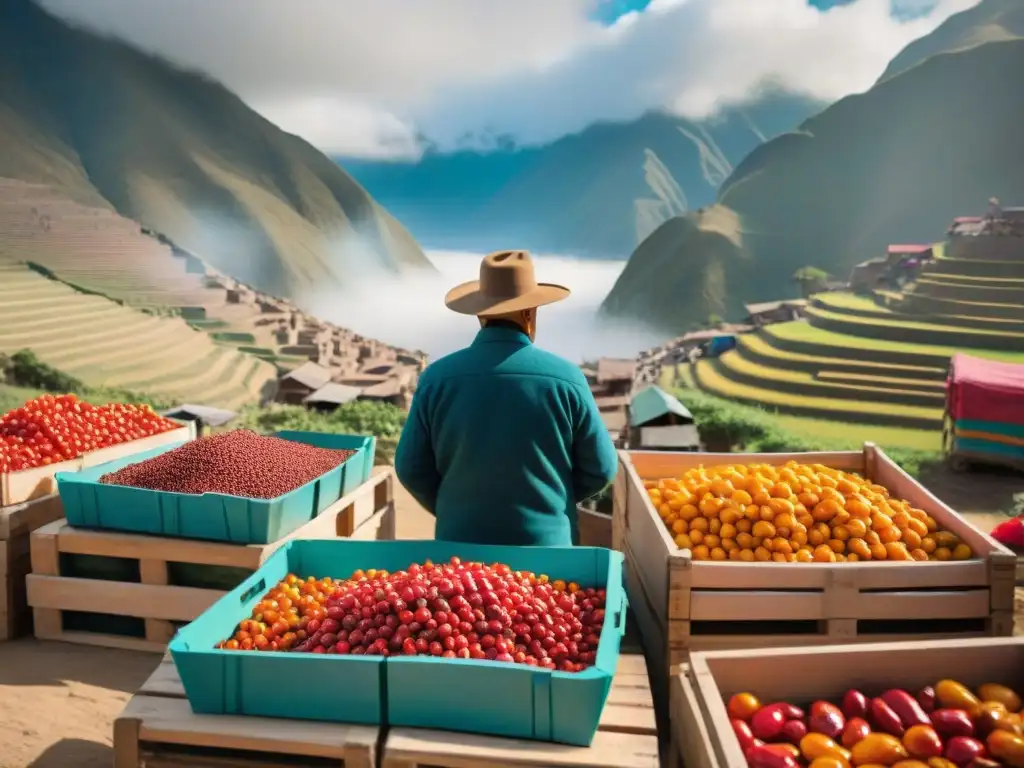 Escena vibrante de mercado en Perú con rocotos rojos brillantes en cajas de madera