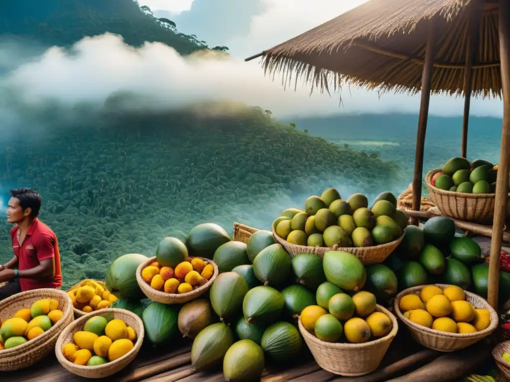 Escena vibrante de mercado en la selva amazónica, con vendedores indígenas y cestas de cocona