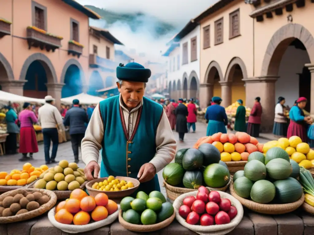 Una escena vibrante de mercado tradicional en Cusco, mostrando frutas, verduras y vendedor peruano preparando plato clásico