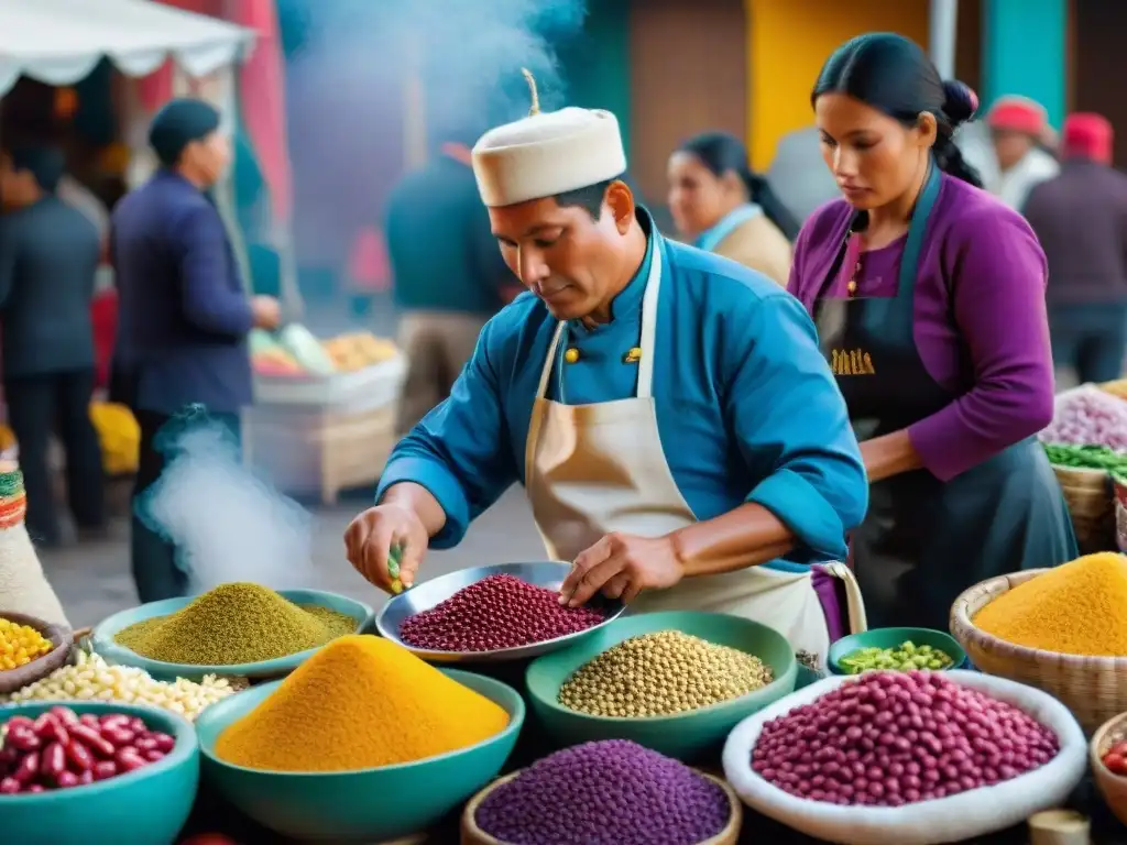 Escena vibrante de un mercado tradicional peruano con platos peruanos cocina apps y coloridos ingredientes autóctonos