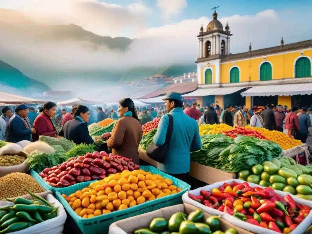 Escena vibrante de un mercado urbano en Perú con agricultura urbana en Perú