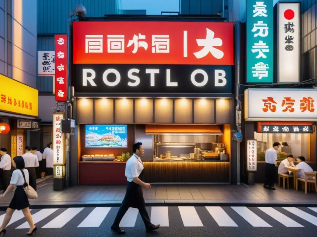 Una escena vibrante de Gastronomía peruana Nikkei en Osaka: un chef prepara platos mientras las luces de neón iluminan el bullicio de Dotonbori