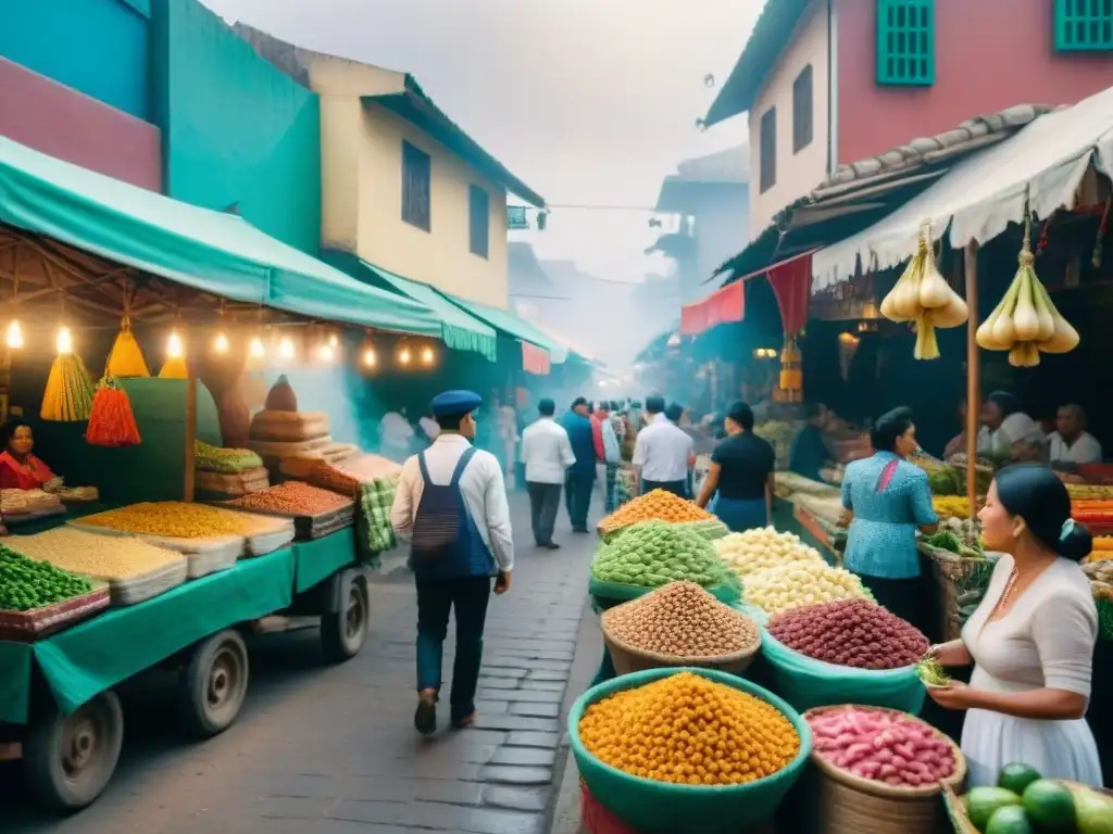 Escena vibrante de la gastronomía peruana en un mercado de Lima, con platos tradicionales y coloridos vendedores