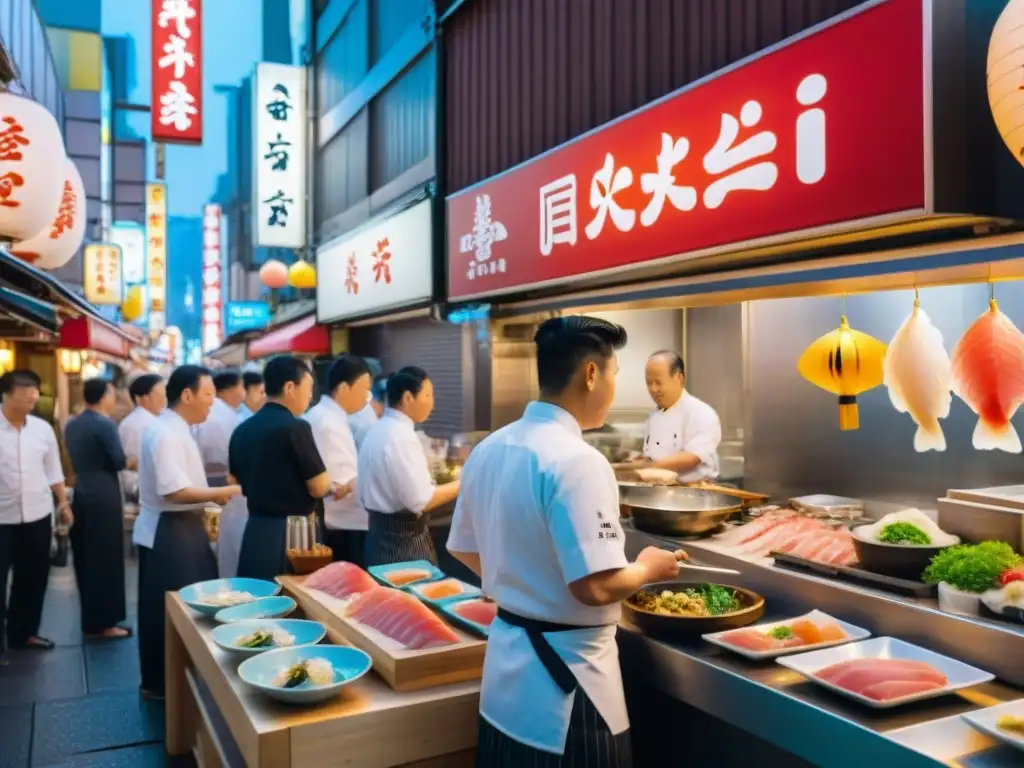 Escena vibrante de la gastronomía peruana Nikkei en Osaka: chef cortando sashimi con destreza, comensales expectantes