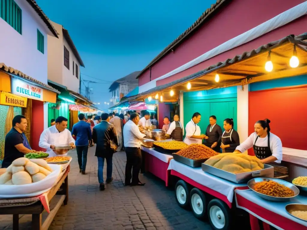 Escena vibrante de gastronomía peruana en Tacna internacional, con variadas delicias y colores en las calles