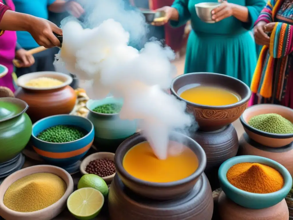 Escena vibrante de platos imperdibles gastronomía peruana en mercado colorido