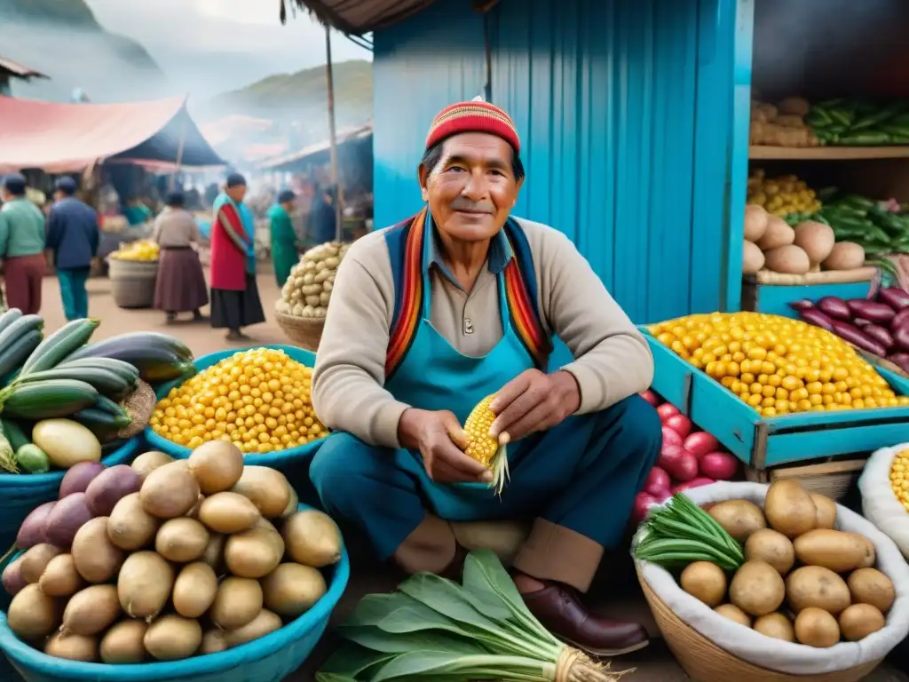 Escena vibrante de un puesto de mercado peruano con vegetales frescos y coloridos, destacando los beneficios nutricionales del ajiaco