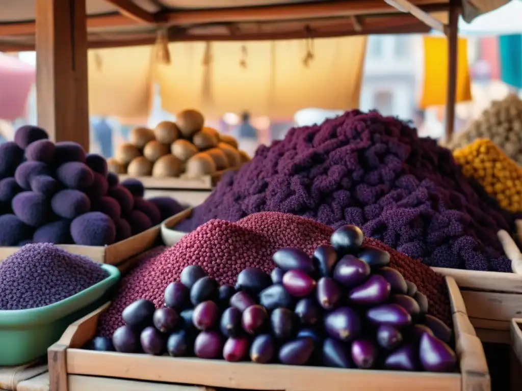 Escena vibrante de un puesto peruano con maíz morado, resaltando sus beneficios y colores tradicionales