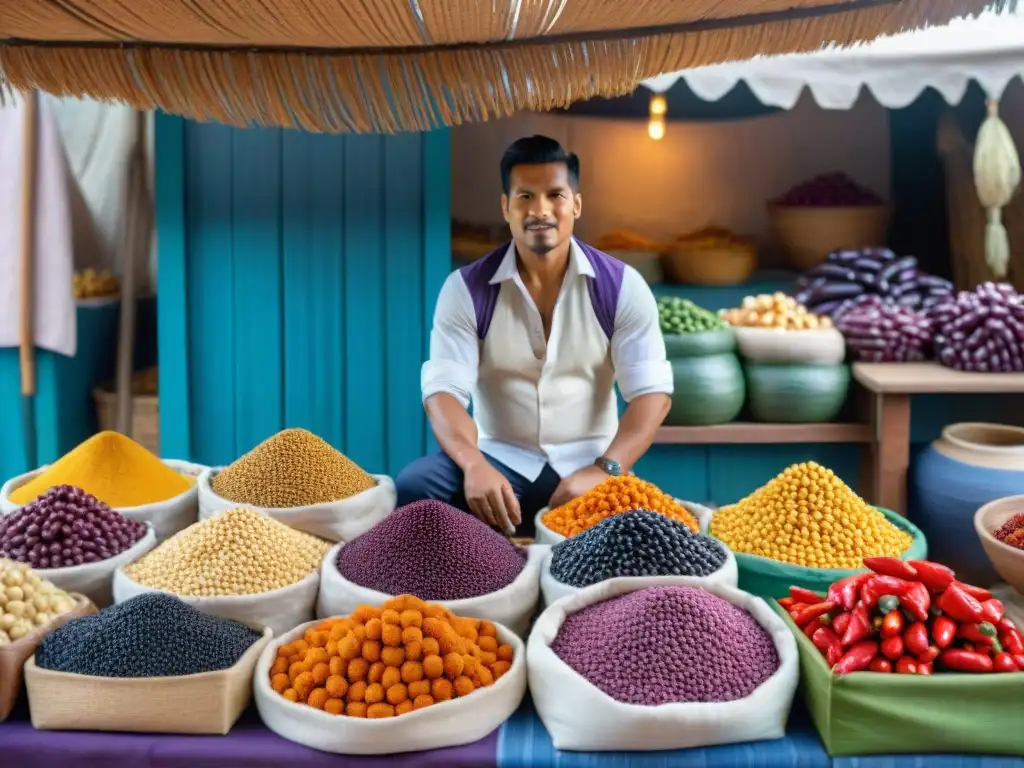 Escena vibrante de un puesto peruano lleno de productos locales coloridos como maíz morado y ají, sobre tejidos y cerámica