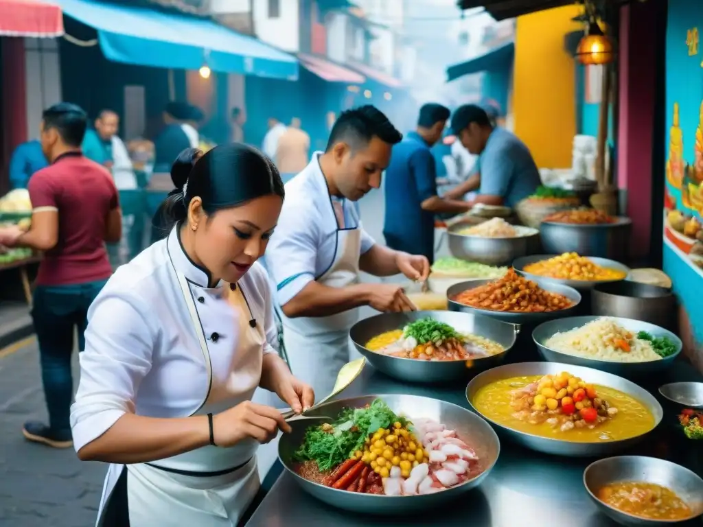 Escena vibrante en Lima con puestos de comida y murales que reflejan proyectos gastronomía peruana desarrollo social