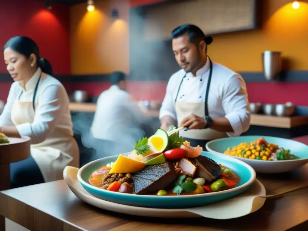 Escena vibrante en restaurante peruano con diversidad de clientes disfrutando platos tradicionales y chefs preparando delicias