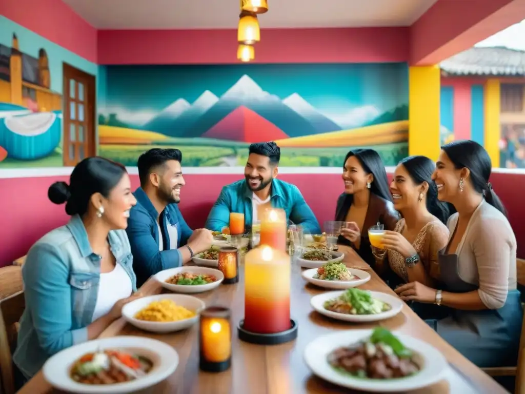 Una escena vibrante en un restaurante peruano, donde comensales disfrutan platos tradicionales en una larga mesa comunal