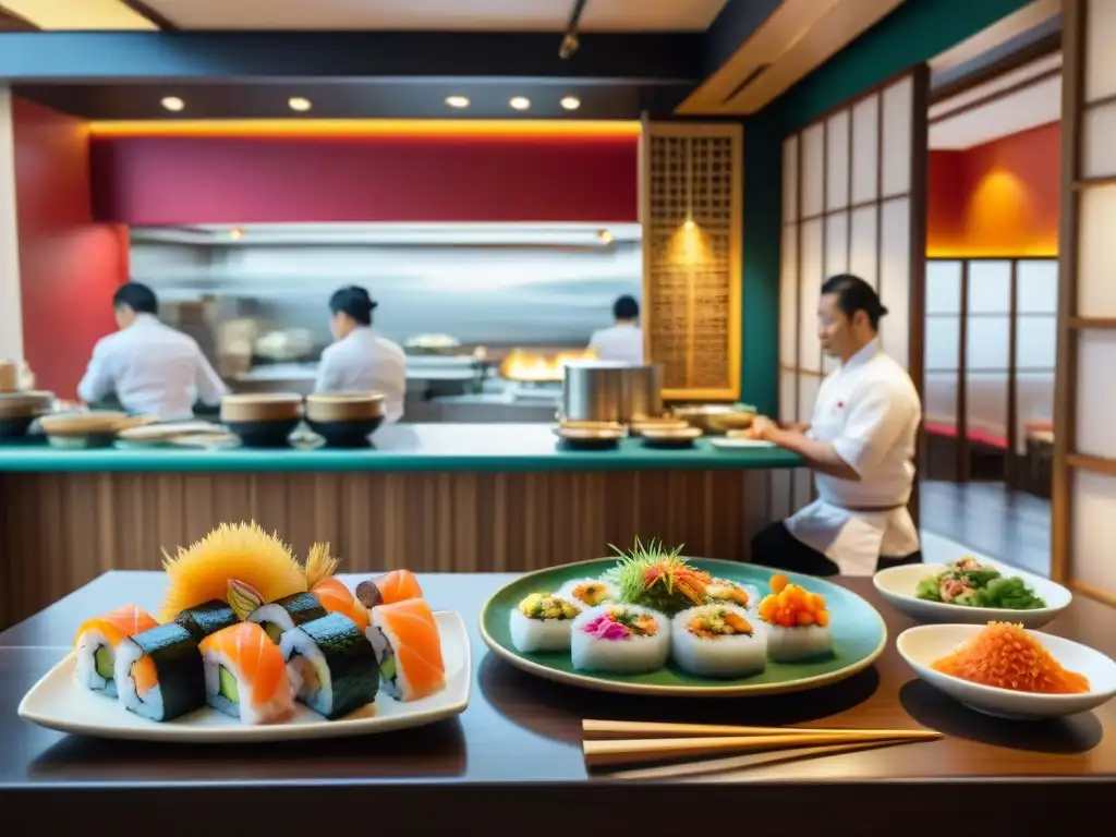 Escena vibrante de restaurante Nikkei en Lima, fusionando tradiciones culinarias japonesas y peruanas