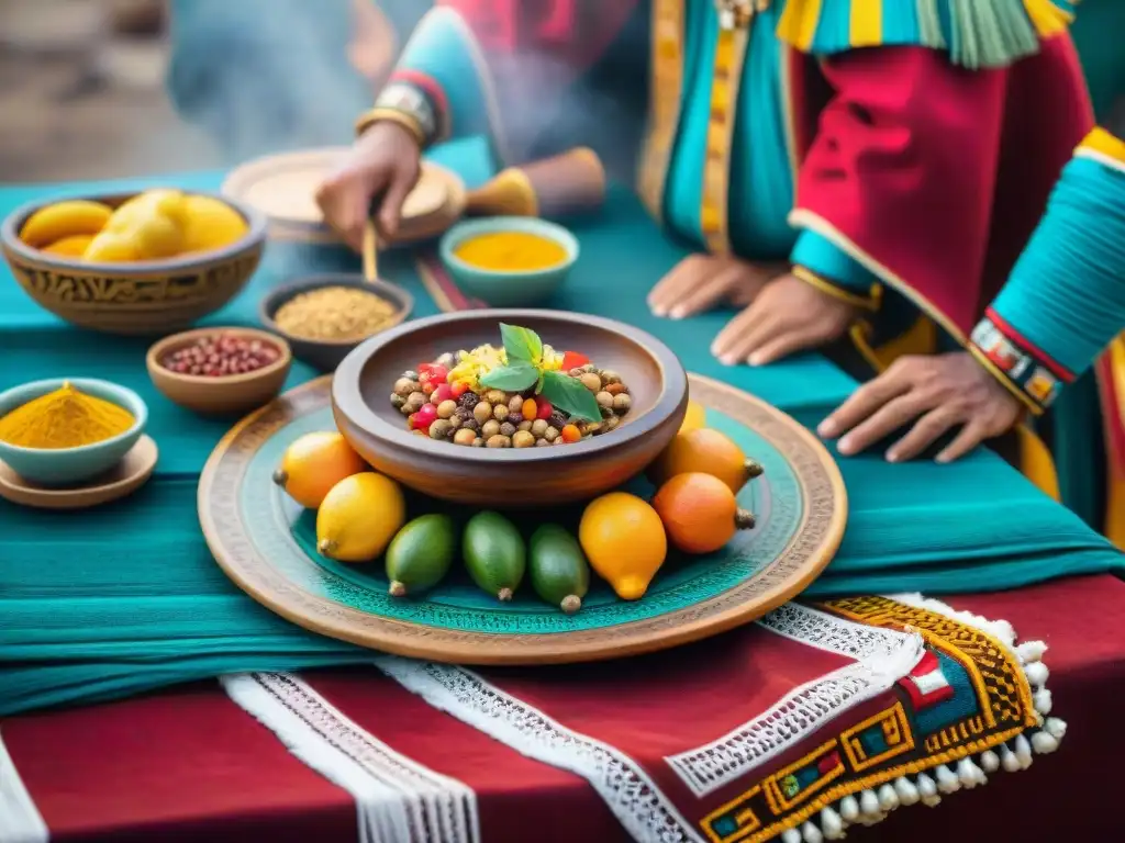 Una escena vibrante de rituales gastronómicos antiguos Perú: mesa adornada con textiles y frutas, figuras en danza alrededor