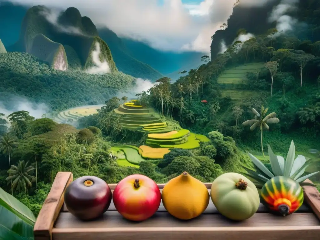 Abundancia en la Amazonía: Frutas exóticas y cultura indígena Una escena vibrante de la selva peruana con ingredientes autóctonos y cocina tradicional