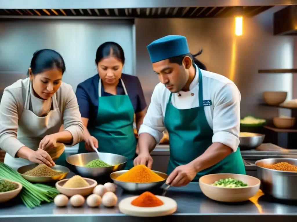 Una escena vibrante de inclusión social en una cocina peruana, donde diversos individuos trabajan juntos con ingredientes tradicionales