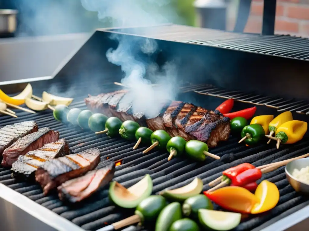 Una escena vibrante de técnicas modernas de grillado peruano, con una parrilla de acero inoxidable y ingredientes frescos