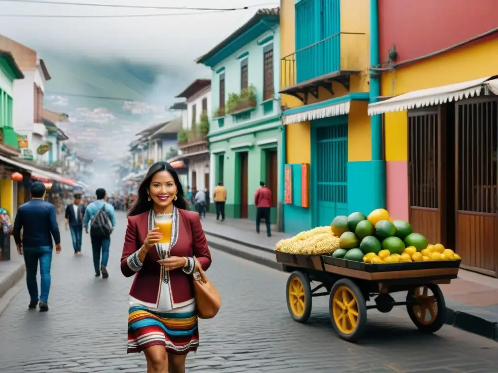 Escena vibrante de Lima, Perú: arquitectura tradicional, murales coloridos y vendedores callejeros de ingredientes frescos para el cóctel chilcano