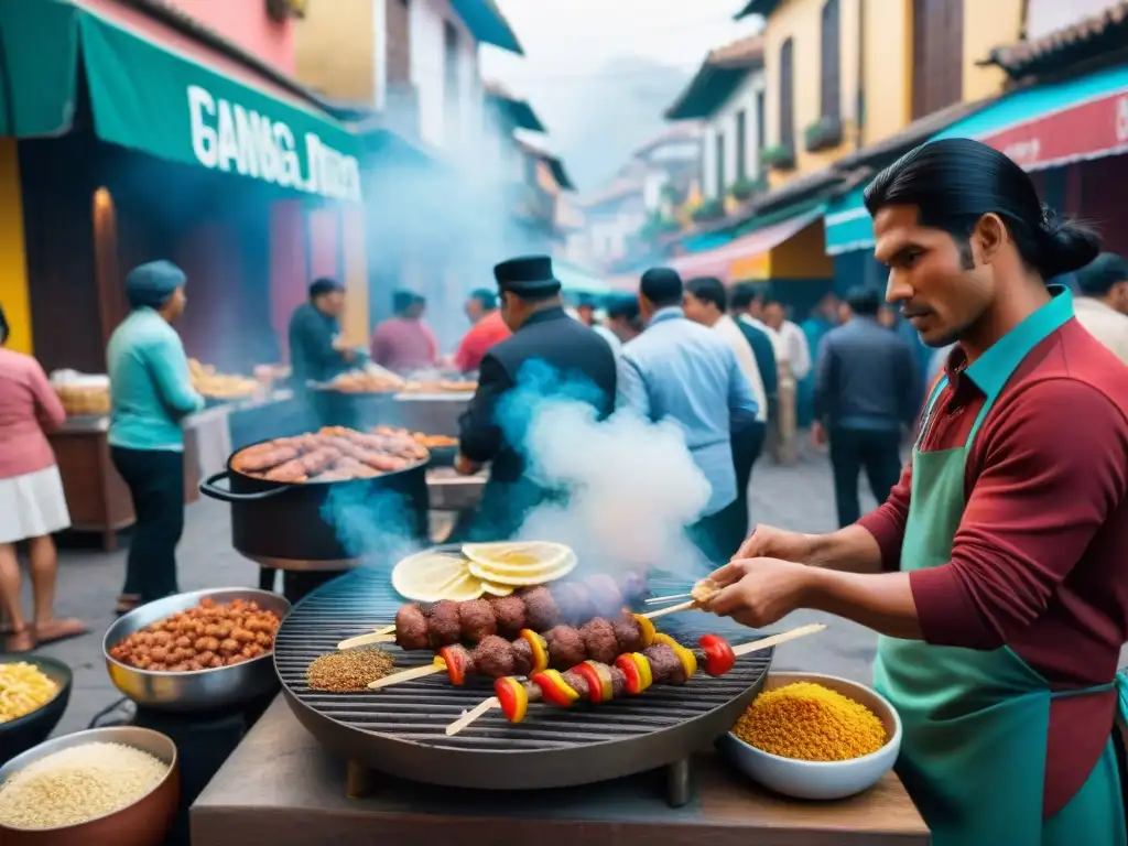 Una escena vibrante en Lima, Perú, con un vendedor preparando anticuchos mientras la multitud espera ansiosa probar esta delicia