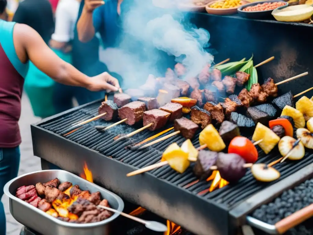 Escena vibrante de Lima con el vendedor de anticuchos de corazón asando en parrilla tradicional