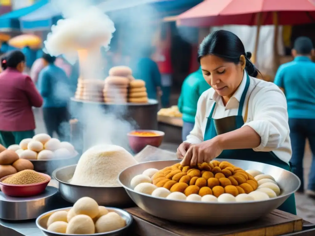 Escena vibrante de un vendedor de picarones en un mercado peruano