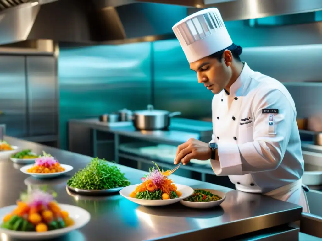 Un escenario lleno de vida en la cocina de un lujoso restaurante peruano, donde chefs crean platillos exquisitos con ingredientes locales y orgánicos