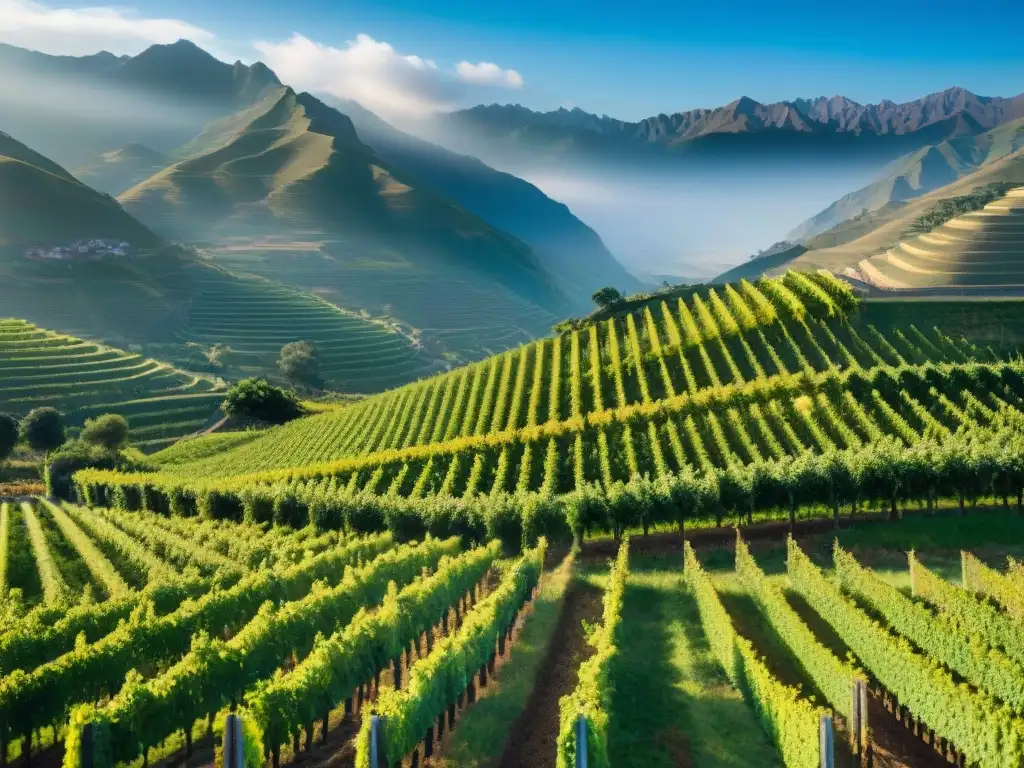 Un escenario panorámico de viñedos peruanos con uvas verdes en hileras, un agricultor cuidando las vides y montañas al fondo