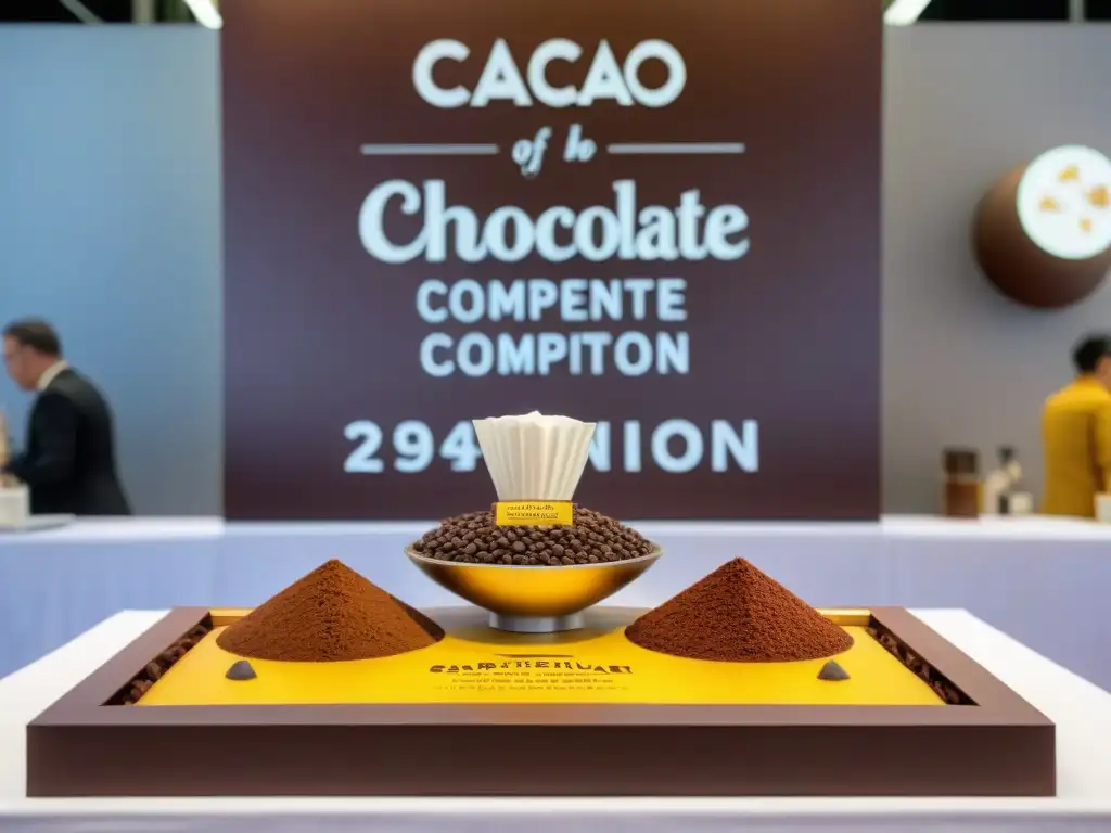 Un escenario vibrante de competencia de repostería internacional con chefs creando postres exquisitos usando cacao peruano