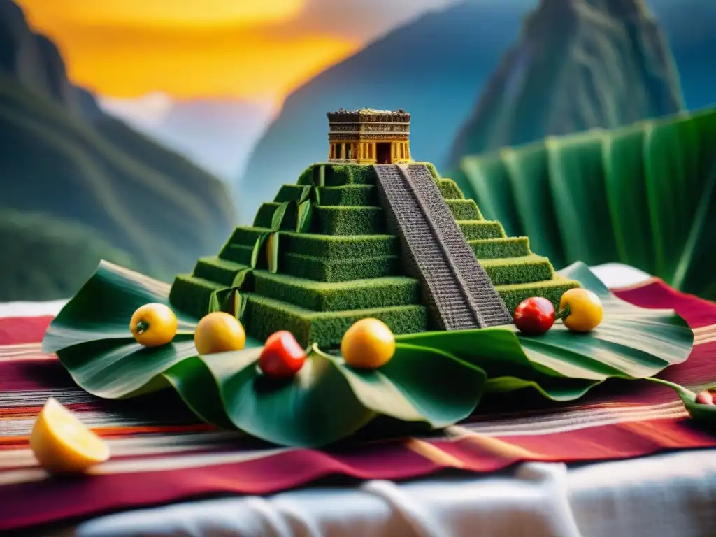 Escultura comestible de Machu Picchu con ingredientes peruanos sobre hojas de plátano y textiles andinos, fusionando arte culinario y tradición