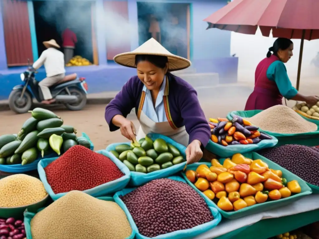 Revivid la esencia de la gastronomía peruana en un bullicioso mercado lleno de ingredientes autóctonos y coloridos