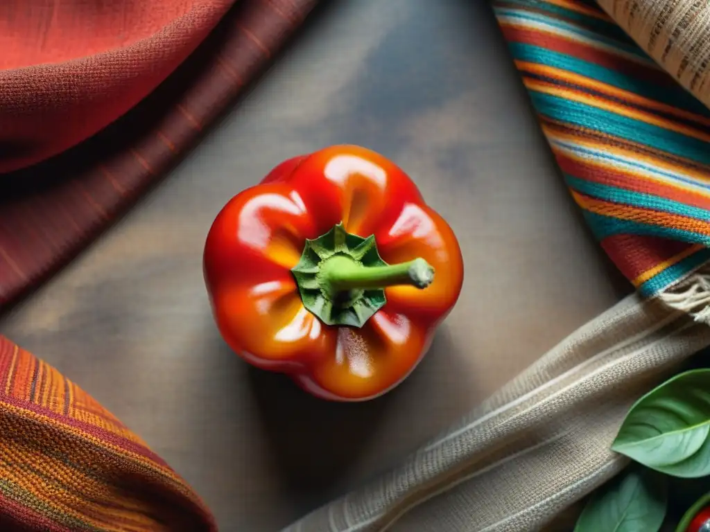 La esencia de la gastronomía peruana: Detalle del rocoto rojo con sus semillas y textura, sobre tejidos peruanos