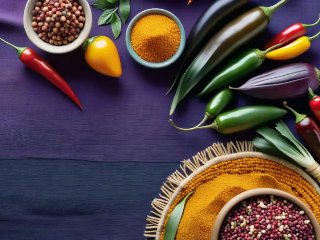 Esencia vibrante de la dieta peruana: ingredientes coloridos sobre textil andino resaltan la importancia diversidad alimenticia