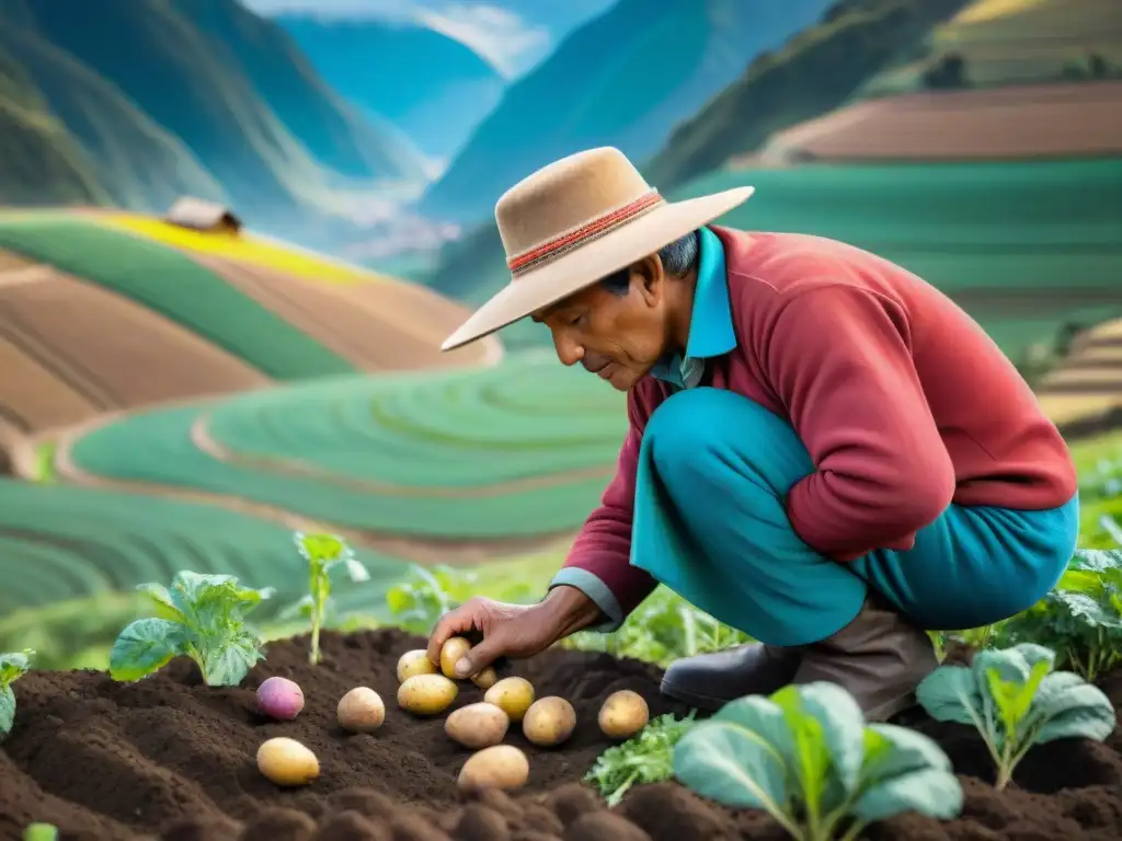 Preservación de especies nativas en la gastronomía peruana: un campesino plantando papas en los Andes