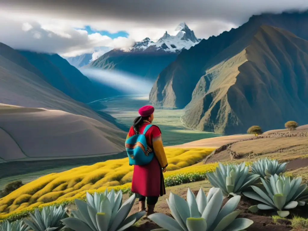 Espectacular paisaje andino con plantas de maca en flor y montañas nevadas al fondo, resaltando la belleza y beneficios salud Maca Andina