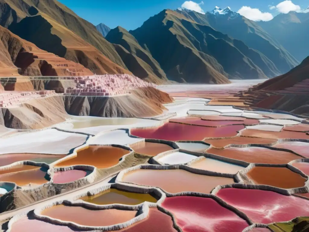 Espectacular paisaje de las Salinas de Maras en Perú, con redes de terrazas y cristales rosados de sal, junto a los imponentes Andes