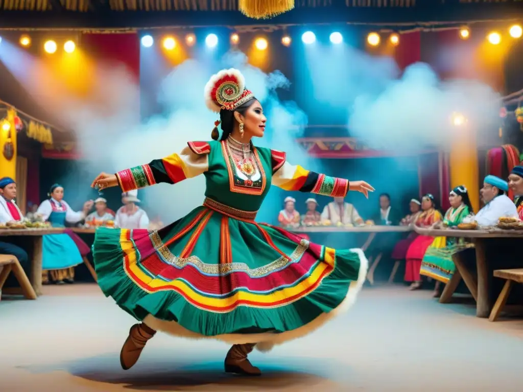 Espectáculo de danza inspirado en Perú: Baile vibrante y colorido en escenario tradicional, cautivando a un público de todas las edades