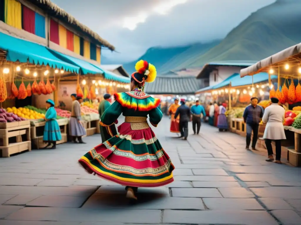 Espectáculos de danza inspirados en Perú: Baile tradicional vibrante en un mercado peruano bullicioso