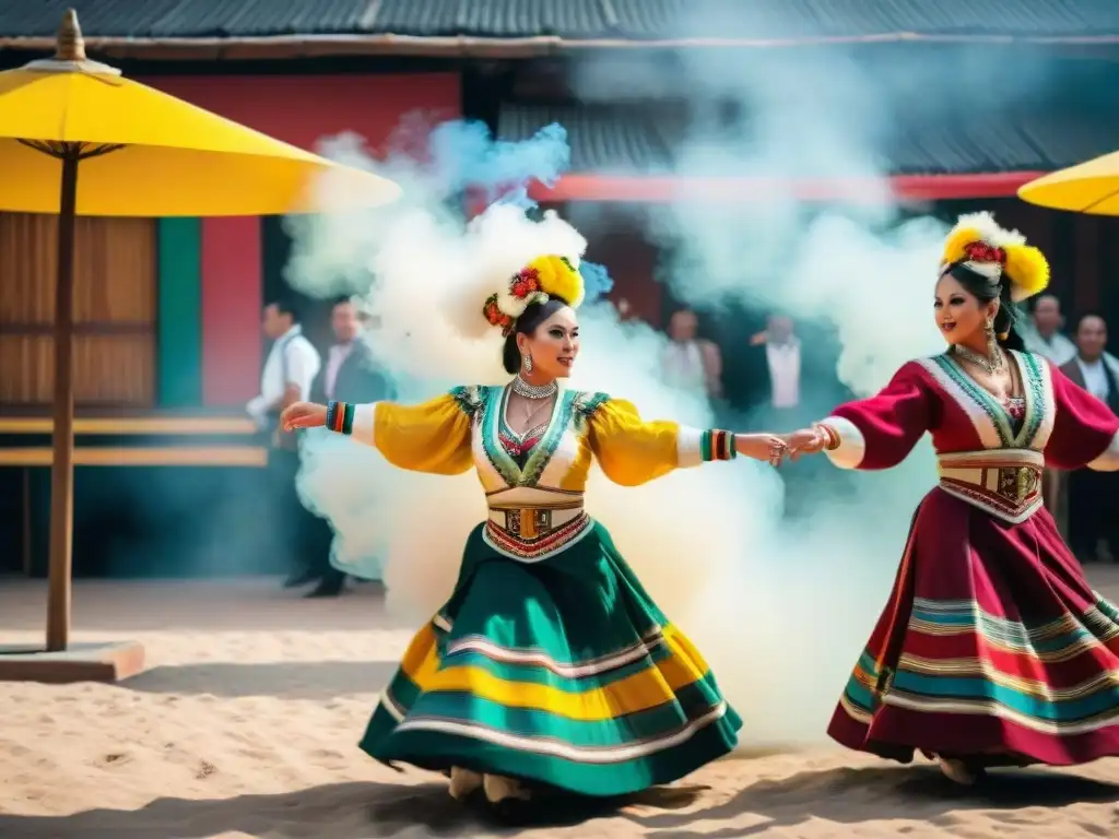 Espectáculos de danza inspirados en Perú: Baile tradicional peruano entre elementos culinarios en un mercado vibrante