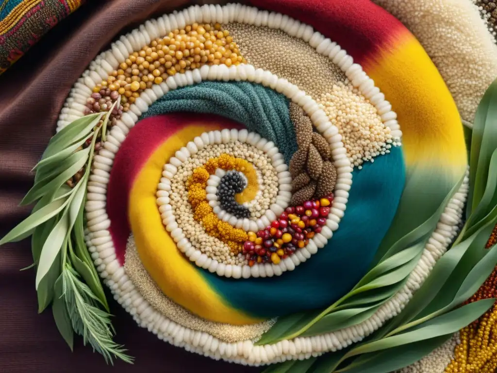 Una espiral de supergranos en cocina peruana sobre textil tradicional, destacando su diversidad nutricional y belleza natural