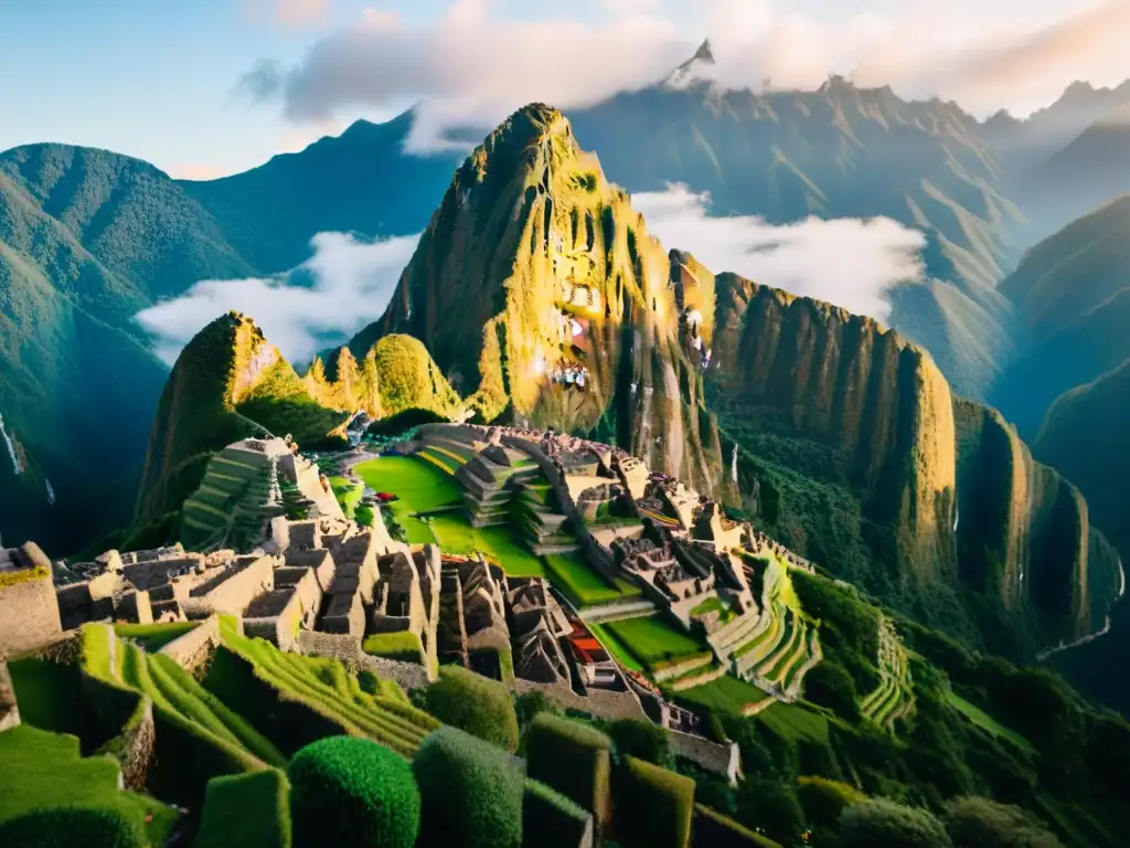 Espléndida vista de los Andes al amanecer con Machu Picchu de fondo, y una finca de café peruano en primer plano