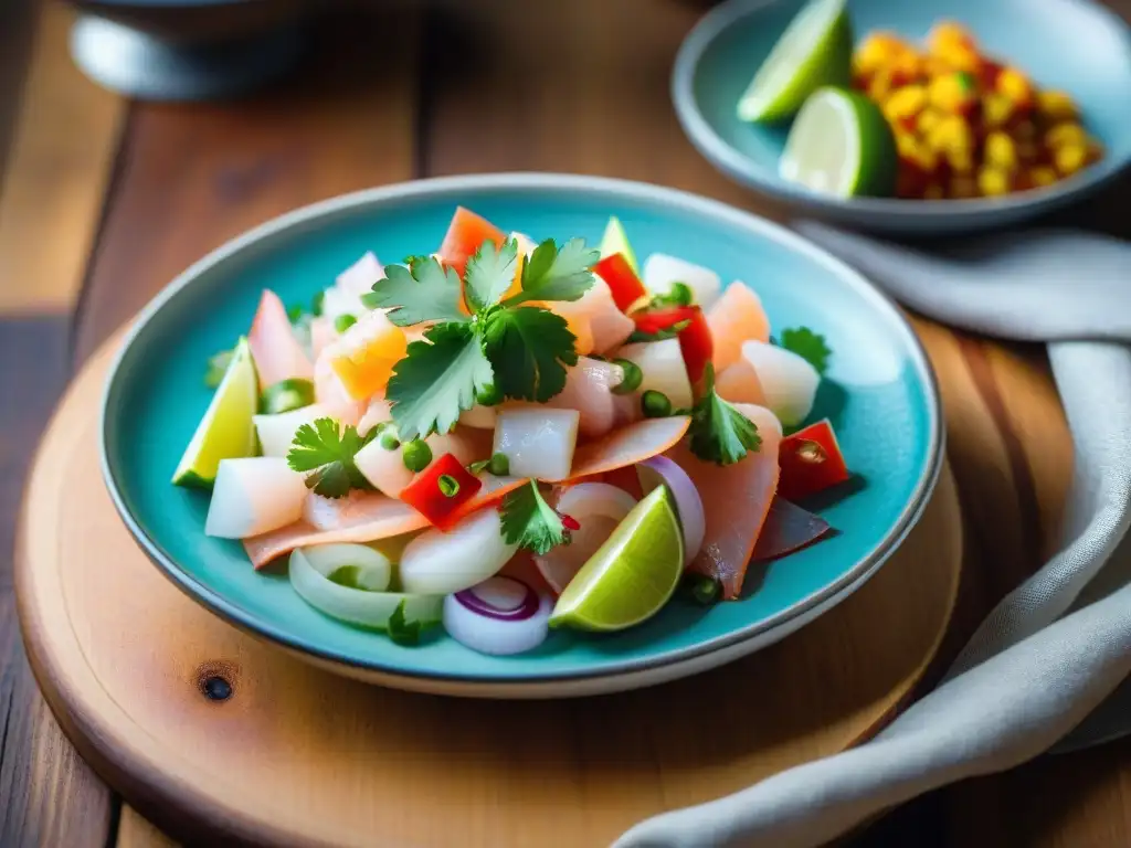 Estilismo para ceviches y tiraditos: una presentación elegante de ceviche fresco en una mesa rústica, con limón y cilantro