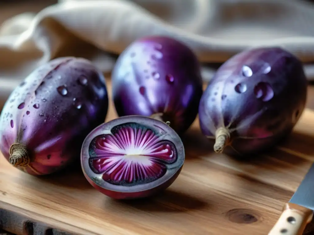 Papas moradas peruanas: una obra de arte natural Estilismo de ingredientes orgánicos peruanos: detallada composición de papas moradas brillantes en mesa rústica