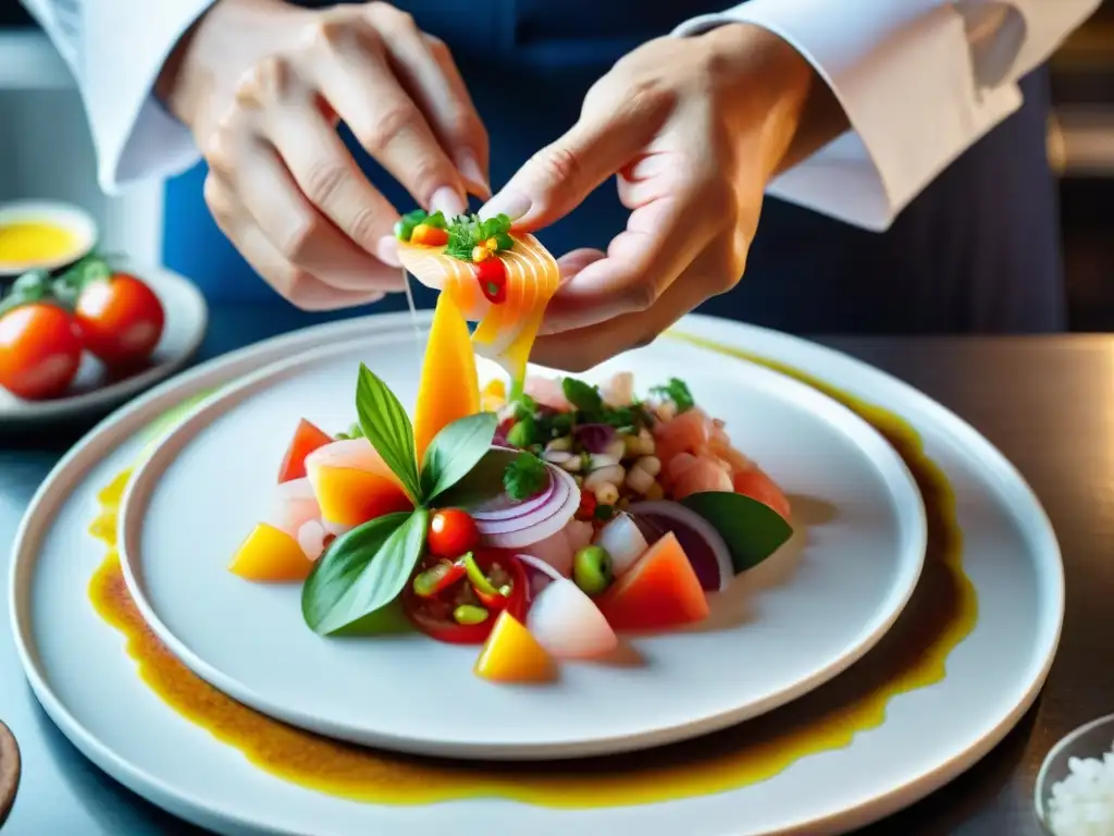 Un estilismo meticuloso de ceviches y tiraditos, resaltando la precisión y arte en la presentación culinaria